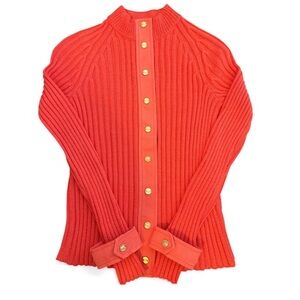St. John Sport Marie Gray Orange Ribbed Knit Cardigan Jacket Gold Buttons Size P